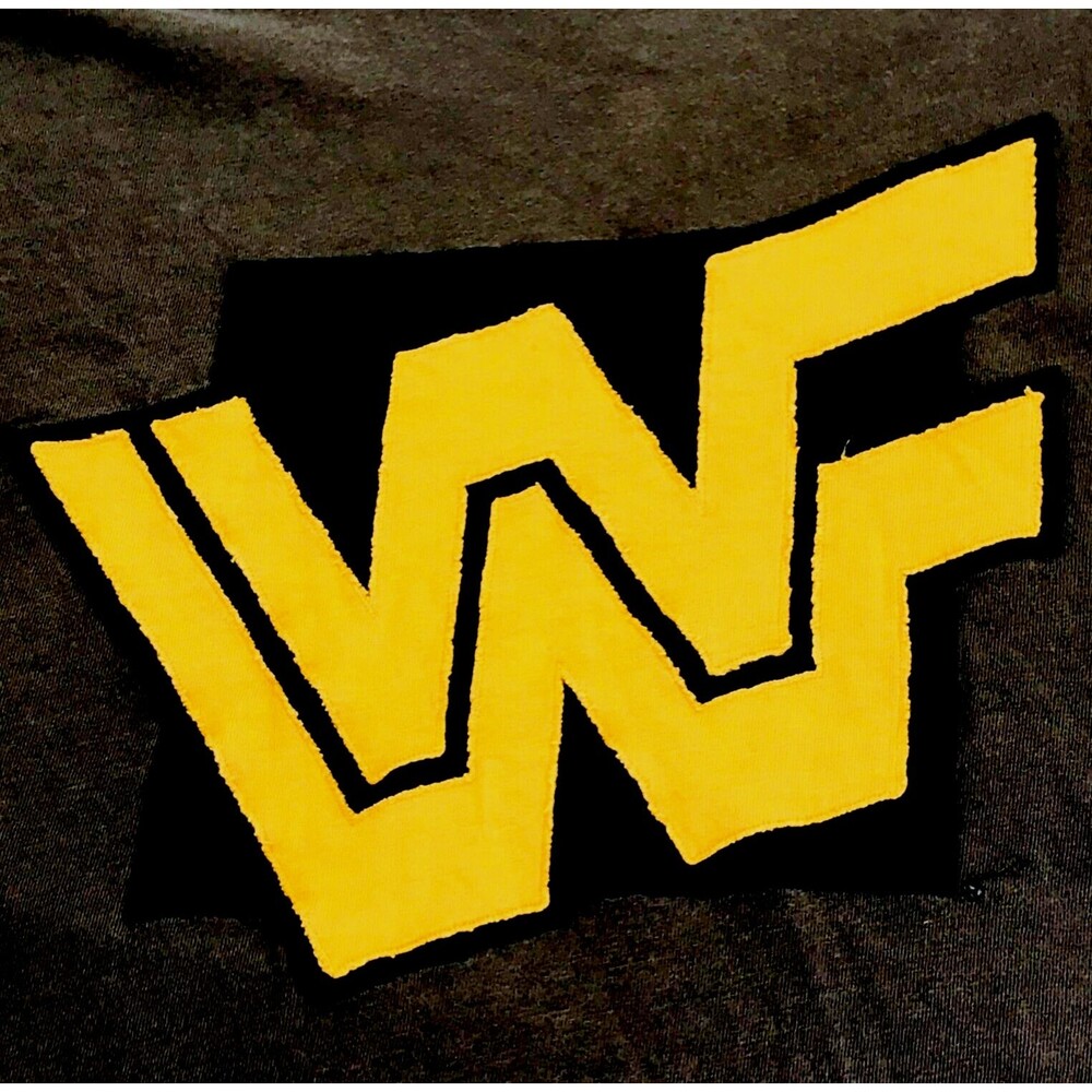 WWF Old School Logo T-Shirt Embroidered L XL WWE World Wrestling Brown Gold Men